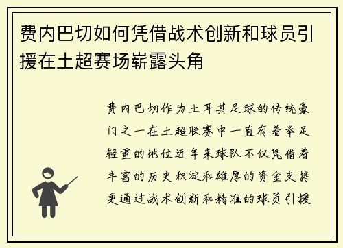 费内巴切如何凭借战术创新和球员引援在土超赛场崭露头角 费内巴切如何凭借战术创新和球员引援在土超赛场崭露头角