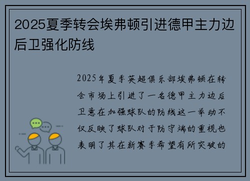 2025夏季转会埃弗顿引进德甲主力边后卫强化防线
